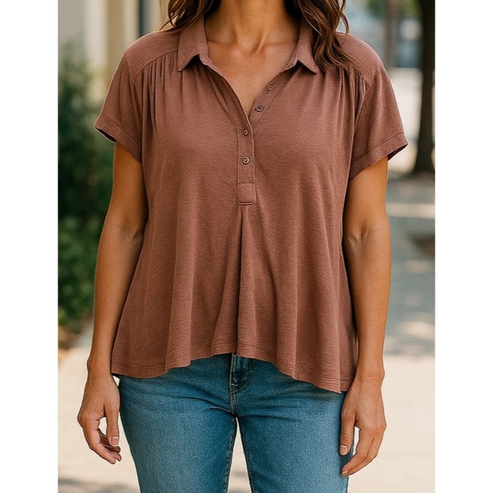 Free People Small Dark Pink Brown Linen Blend Oversized Collared Top